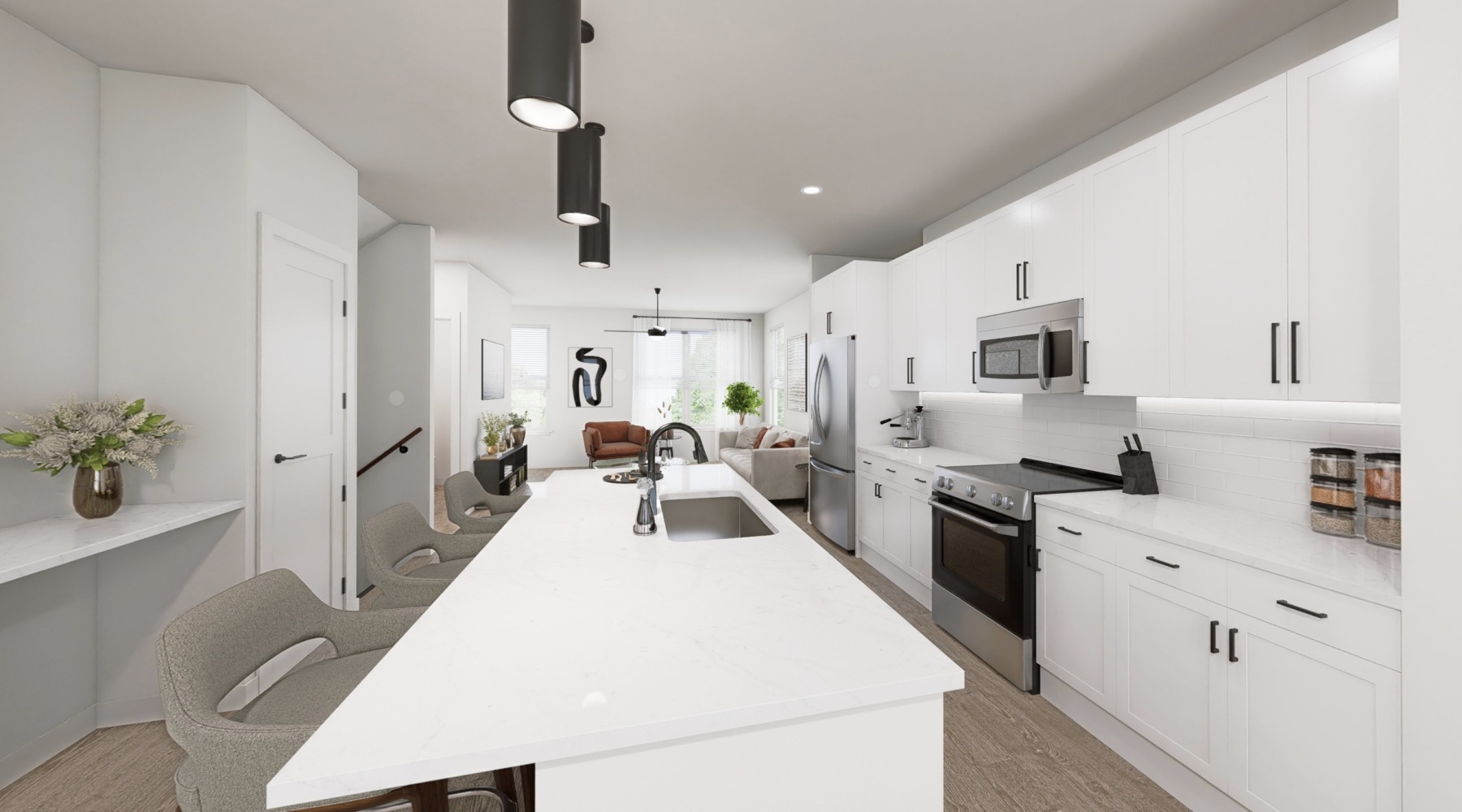 kitchen with an island and a living area