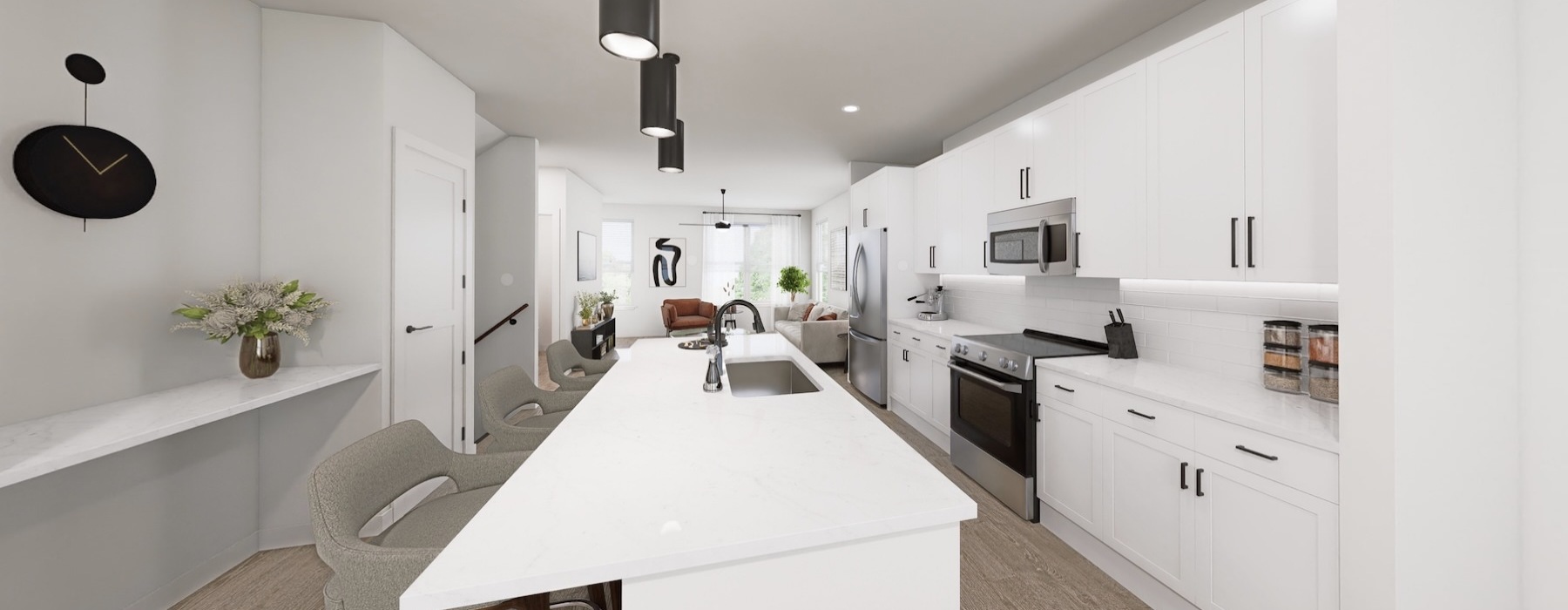 a kitchen with white cabinets