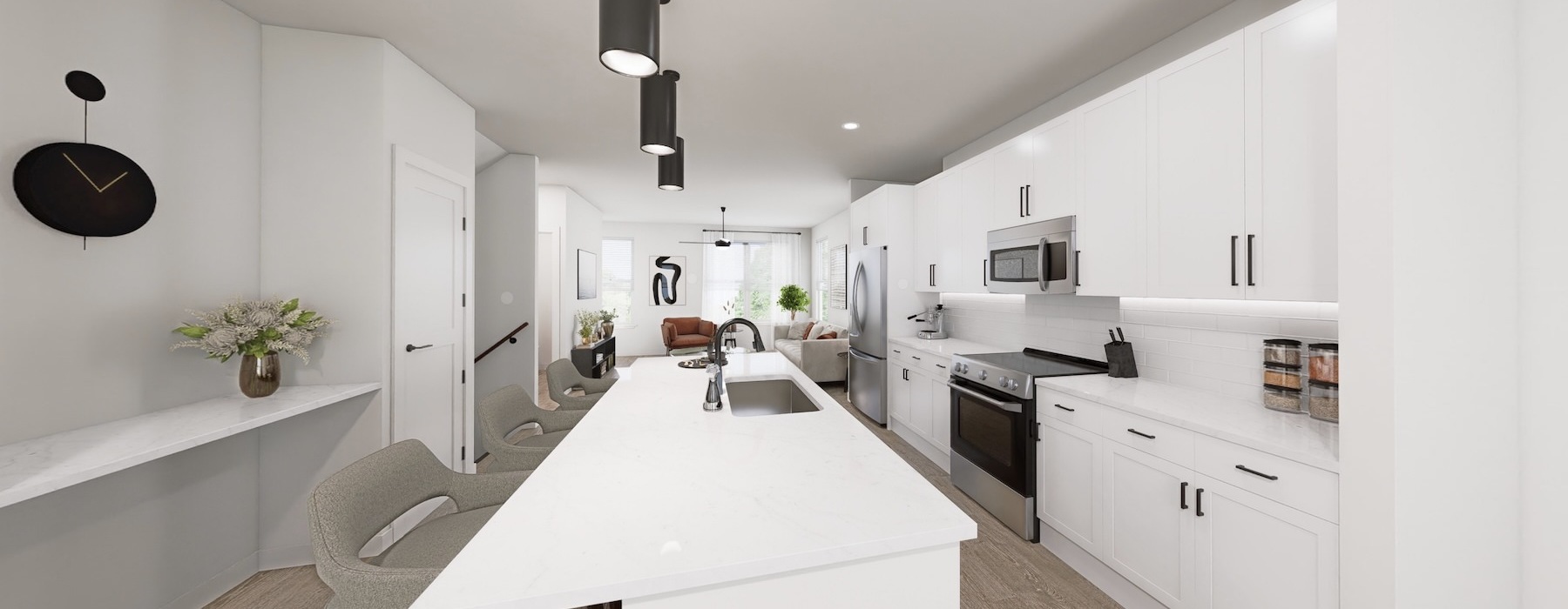 a kitchen with white cabinets
