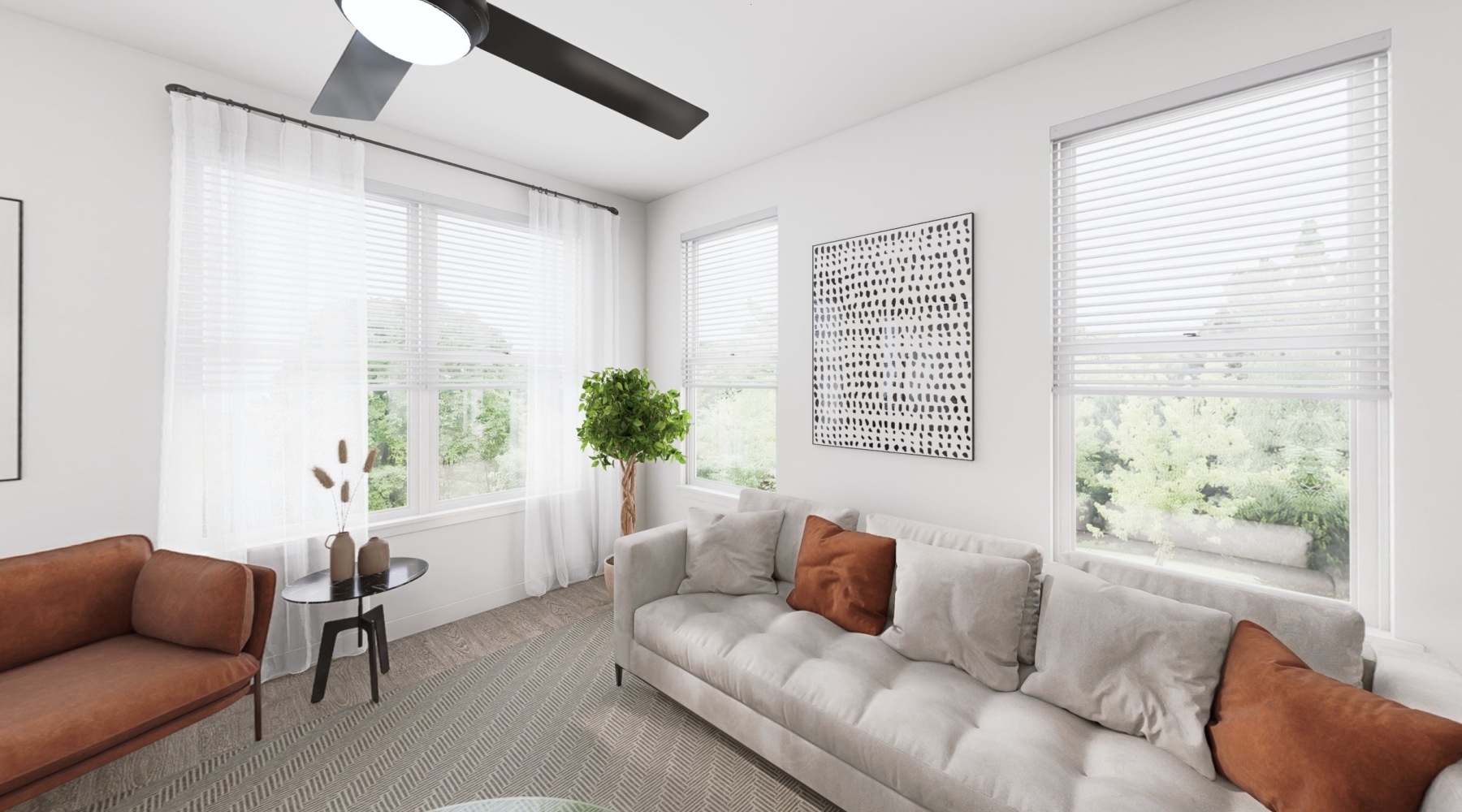 living room with a large window and open spaces